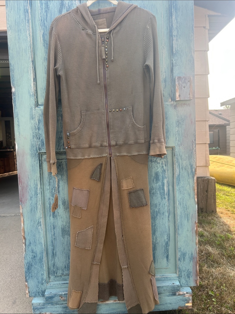 Upcycled free people Hooded thermal Zip up wasteland scavenger patched duster